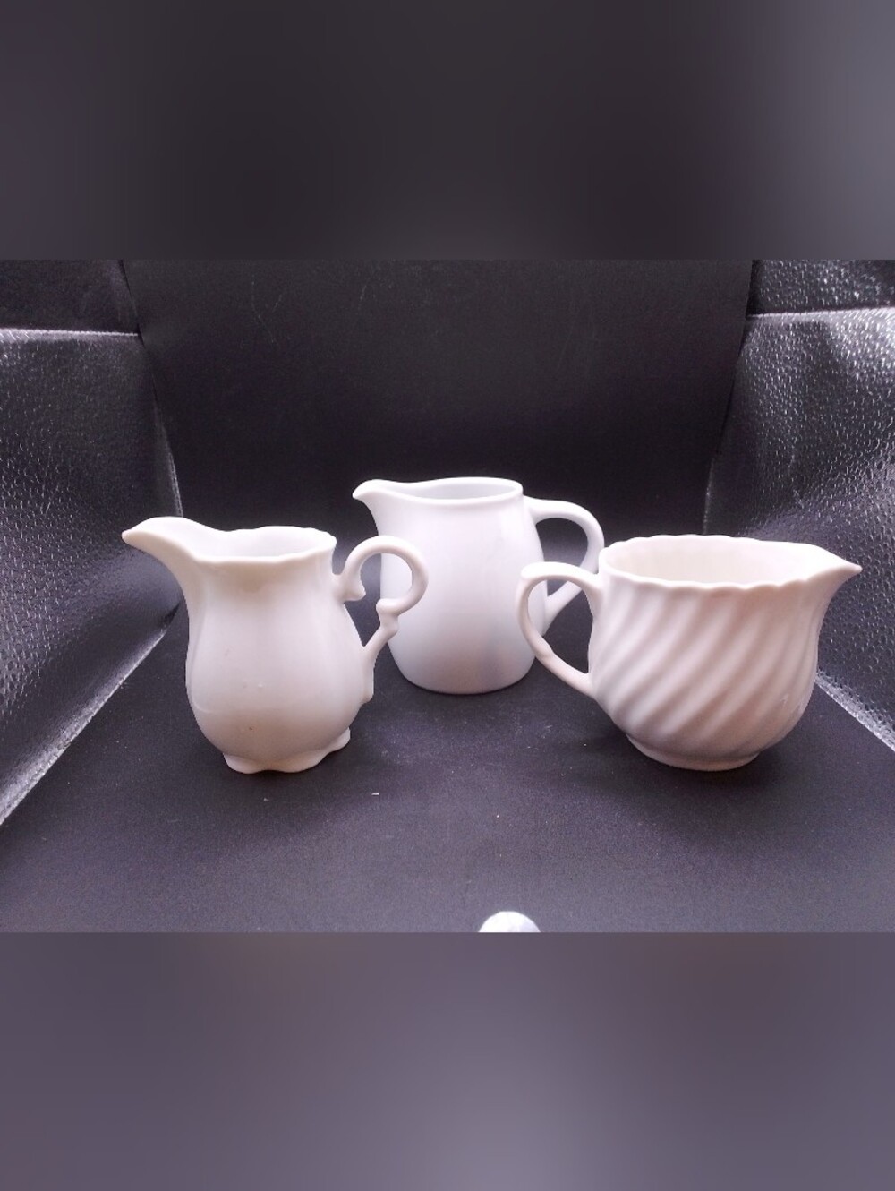 Trio Of Small White Creamers Ornate